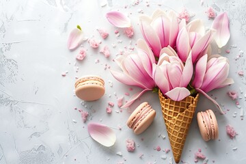 Pink magnolia flowers in waffle cone with macaroons on white background symbolizing spring Flat lay...