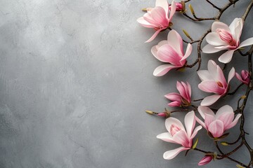 Pink magnolia flowers on stone textured background Top view flat lay copy space Simple spring...