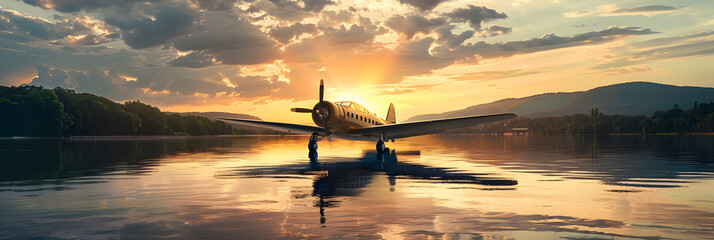    
  Vintage airplane on the river at sunset and mountain in the background , Majestic Vintage Aircraft Cruising Over the River Against a Stunning Sunset Backdrop 
