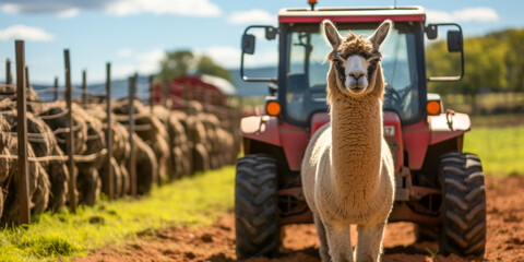 Fototapeta premium Smiling Llama in Front of Red Tractor on Sunny Farm Day