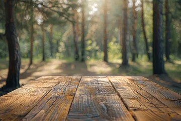 Foto auf Alu-Dibond Beautiful blurred boreal forest background view with empty rustic wooden table for mockup product display. Picnic table with customizable space on table-top for editing. Flawless - generative ai © Nia™