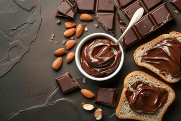 Popular dessert food chocolate spread on bread slice with nuts cream in a white bowl on a stone...