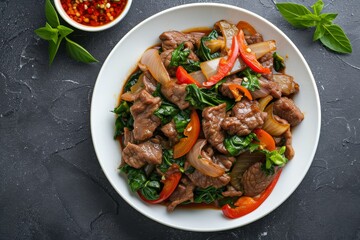 Popular Thai dish Pad Kra pao Stir fried beef strips with Holy Basil on white plate as seen from above - obrazy, fototapety, plakaty