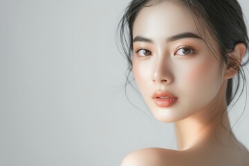 Portrait of a flawless Asian woman with radiant and smooth skin emphasizing facial care treatment and beauty