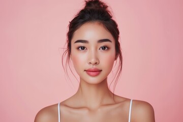 Naklejka premium Portrait of a young Asian woman with a ponytail natural makeup plump lips clean skin and wearing a white camisole in a studio