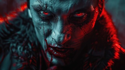 Creepy male vampire with red eyes and blood on his face - obrazy, fototapety, plakaty