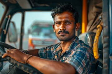 Portrait of a young Indian truck driver representing logistics and freight transport
