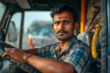 Foto op Plexiglas Portrait of a young Indian truck driver representing logistics and freight transport © The Big L