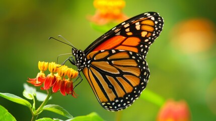 Fototapeta premium Close-up of a stunning monarch butterfly perched gracefully on a blooming flower, its intricate patterns on full display.