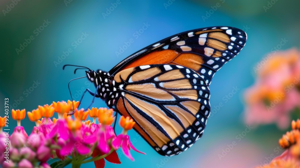 Poster close-up of a stunning monarch butterfly perched gracefully on a blooming flower, its intricate patt