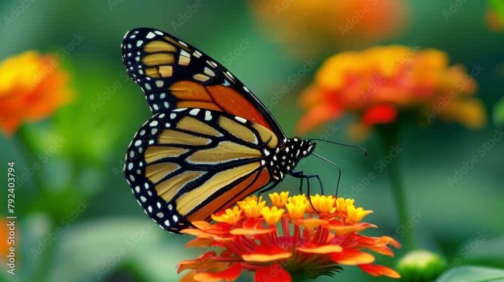 Poster close-up of a stunning monarch butterfly perched gracefully on a blooming flower, its intricate patt