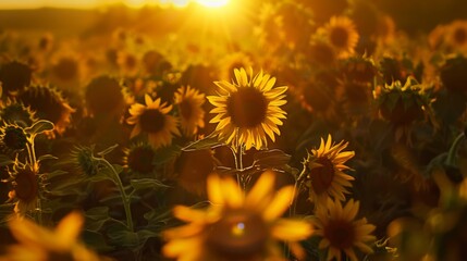 Close-up of a sunflower field at golden hour, petals aglow with the last rays of sunlight