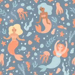Cute pattern with cartoon mermaids and underwater life - octopus, jellyfish, seahorse. Vector seamless hand-drawn texture with sea elements on blue background.