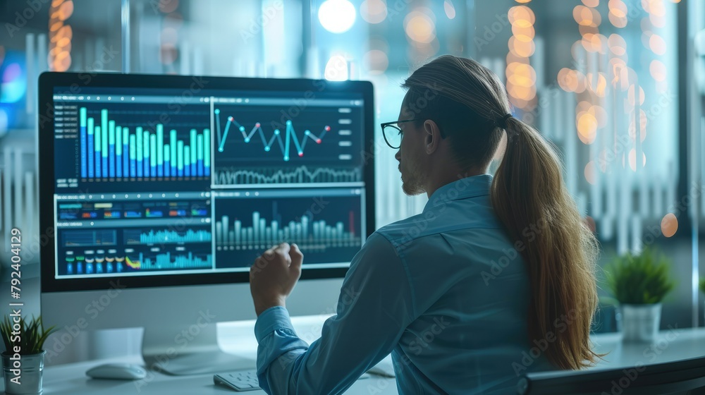 Poster Digital marketing professionals working with modern technology like computers and digital displays showing graphs and data analytics. Generative AI.