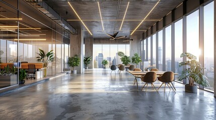 Luminous Collaborative Workspace City Panorama and Open Layout