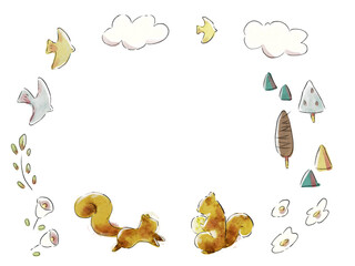 北欧風リスと森のフレーム＿白背景