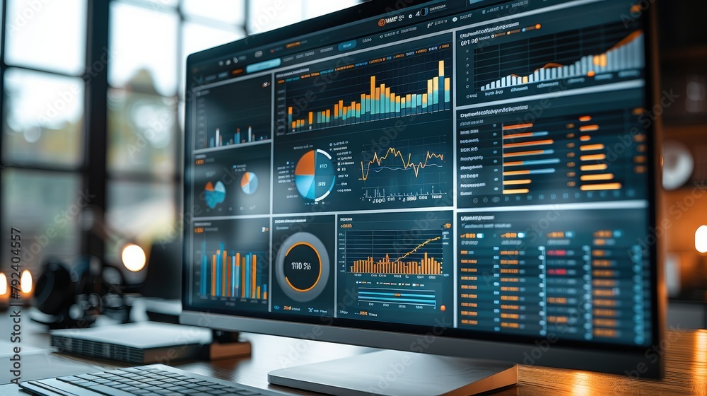 Fototapete Display a mockup of a digital dashboard showing market trends and demand analysis. This image can symbolize the research and analytical aspect of product selection. Generative AI.