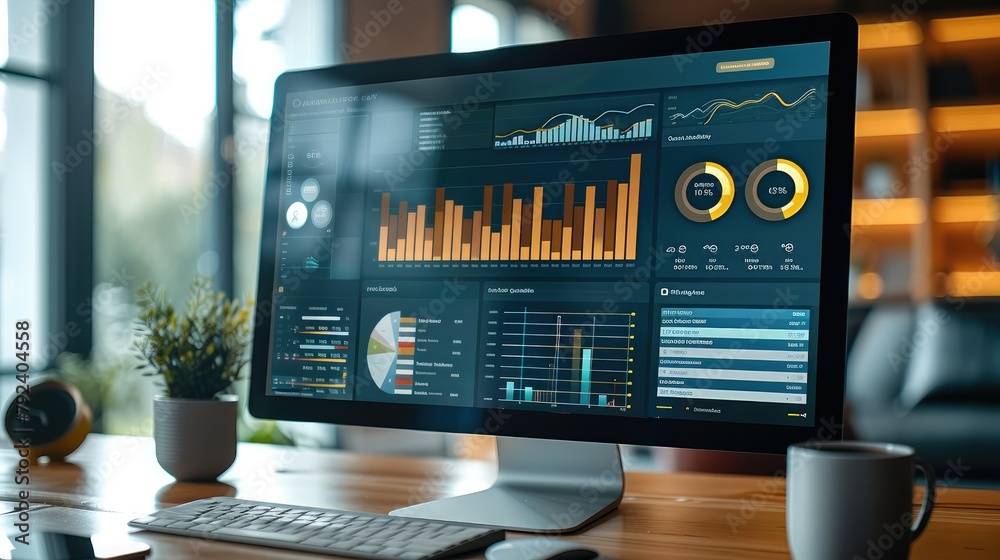 Poster Display a mockup of a digital dashboard showing market trends and demand analysis. This image can symbolize the research and analytical aspect of product selection. Generative AI.