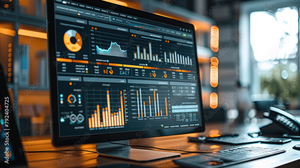 Poster Display a mockup of a digital dashboard showing market trends and demand analysis. This image can symbolize the research and analytical aspect of product selection. Generative AI.