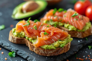 Salmon and avocado guacamole on toasts with salt