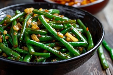 Sauted green beans with garlic and ginger in a black bowl