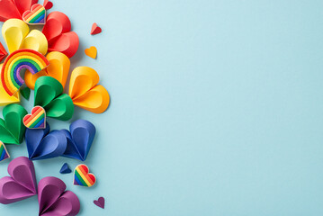 Love diversity scene. Overhead photograph of assorted heart shapes, embodying diverse relationships. Heart pins arranged on a soft blue background, providing space for social captions or advertising