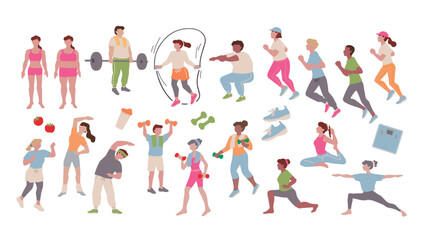 Set of hand-drawn vector illustrations of people doing weight loss exercises, muscle training, yoga, running, etc. ダイエットの運動、筋トレ、ヨガ、ランニングなどをする人々の手描きベクターイラストセット - obrazy, fototapety, plakaty