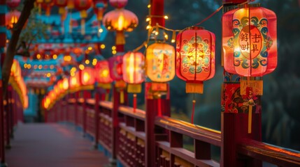 Close-up of decorative lanterns and banners adorning a bridge, adding festive flair to the nighttime scenery.