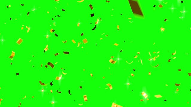 Gold Confetti Falling on Green Screen Background.
