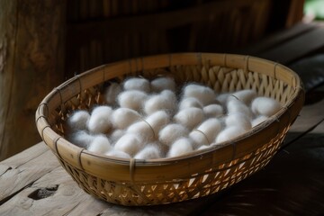 Silkworm cocoons in bamboo strainer