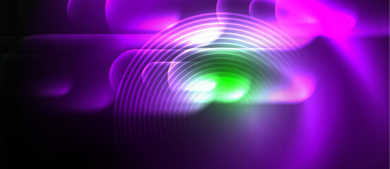 A colorful display of purple and green lights illuminates the electric blue darkness of a black background, creating a vibrant and mesmerizing display of art and gas dancing in a captivating pattern