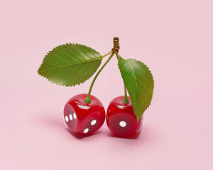 Two glossy red dices designed as cherries with white dots and green leaves on pink background. Minimal concept of summer leisure, gambling, luck, risk, chance, probability, game.