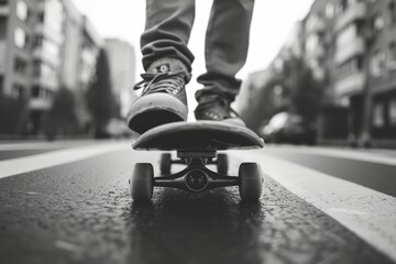Skateboard on city road extreme sport challenge skateboarder training urban lifestyle black and white picture close up