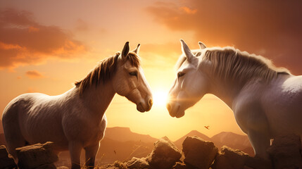 Illustration of capture the love between mom horse and baby horse on a sunlight background
 - obrazy, fototapety, plakaty