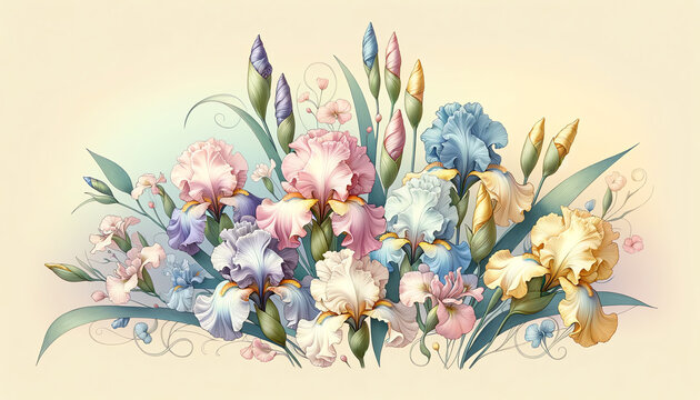Image of soft pastel gradient background with Bearded Irises Flowers