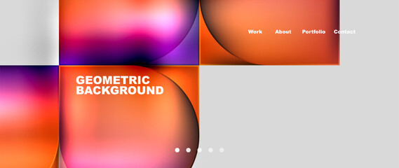 A vibrant geometric background featuring colorful squares and circles in shades of electric blue, magenta, peach, and amber. The liquidlike design is reminiscent of macro photography