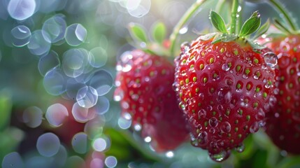 Close-up of ripe strawberries covered in dew drops, accentuating their plumpness and inviting sweetness, fresh from the morning mist.