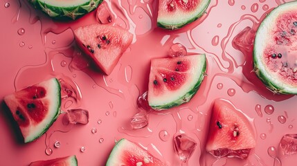 Fresh summer minimal image with watermelon slices and water. Generative AI