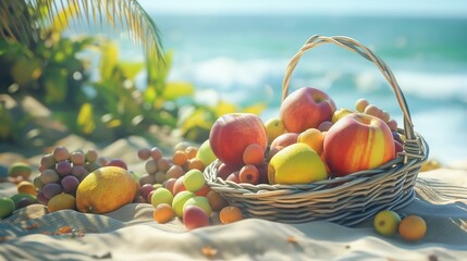 Picnic background with basket and fruits by the ocean. Generative AI