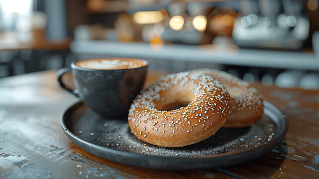 Delicious breakfast bagel on dark plate next to a cup of fresh coffee. On bistro countertop. 