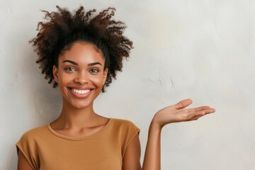 Smiling woman gesturing with confidence presenting space with palm up isolated on white background Positive human emotion signs facial expression
