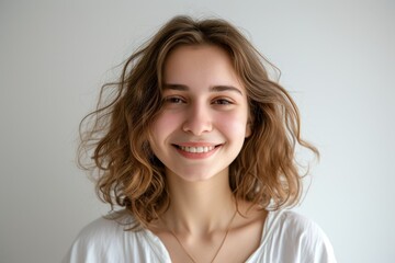 Fototapeta premium Smiling woman s face on white background