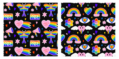 LGBTQ+ seamless vector pattern set for pride month, gay parade with rainbow, heart, butterfly, flower, flag, megaphone, love illustrated stickers collection 