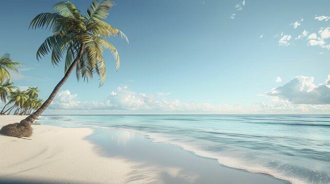 A serene scene unfolds with a solitary coconut palm gracefully bending over a tranquil, untouched sandy shoreline in a 3D-rendered minimalist tropical beach.