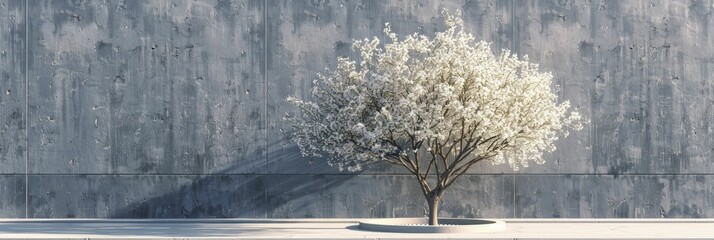 A serene oasis in the city, the park features a beautiful dogwood tree blooming amidst sleek concrete pathways.