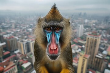 Baboon on top of building with city view - obrazy, fototapety, plakaty