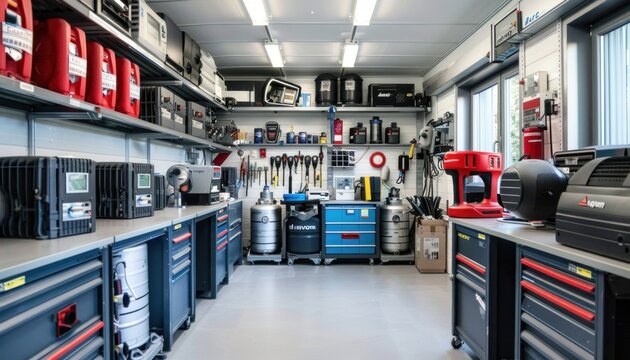 Interior design with shelves of tools in a large building