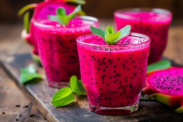 Smoothie made with strawberries raspberries pitaya cranberries mint chia seeds on a wooden...