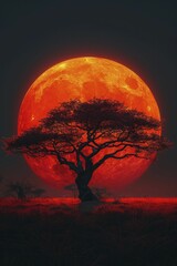 Immersed in a serene expanse, a lone acacia stands tall against a blazing orange sun in a striking 3D savannah landscape. - obrazy, fototapety, plakaty