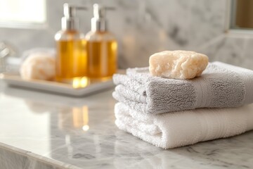 Obraz na płótnie Canvas Soap and shampoo on marble bathroom table